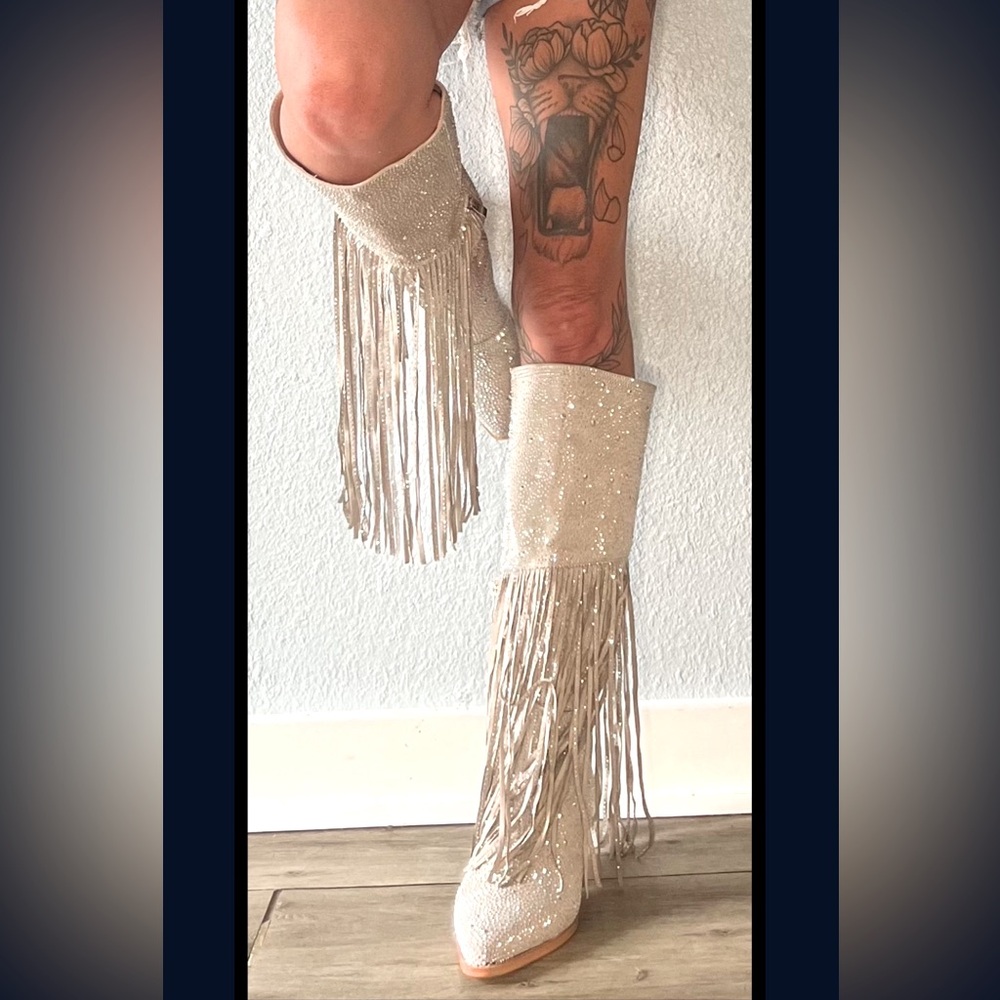SHODENSE Rhinestone Boots Women Knee High Western Fringe Heel Pointed size 7